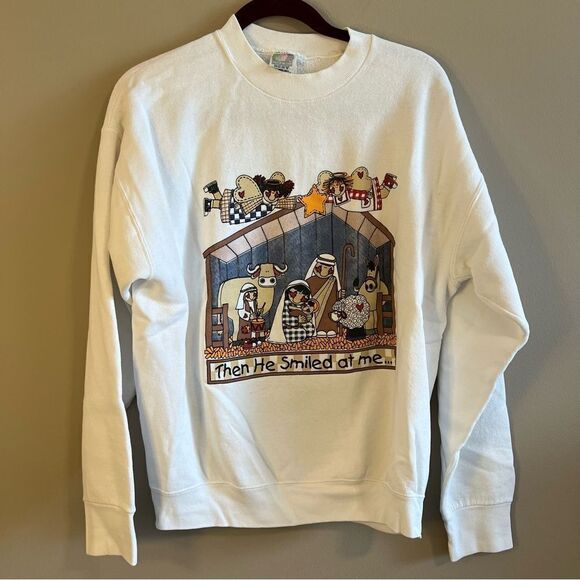 ✨ Vintage Fruit of the Loom White Baby Jesus Sweatshirt Large - Picture 1 of 11